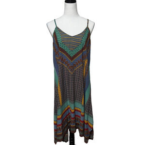 Devi Dress Womens Large Green Blue Colorful Midi Y2K Boho Rayon Spaghetti Strap